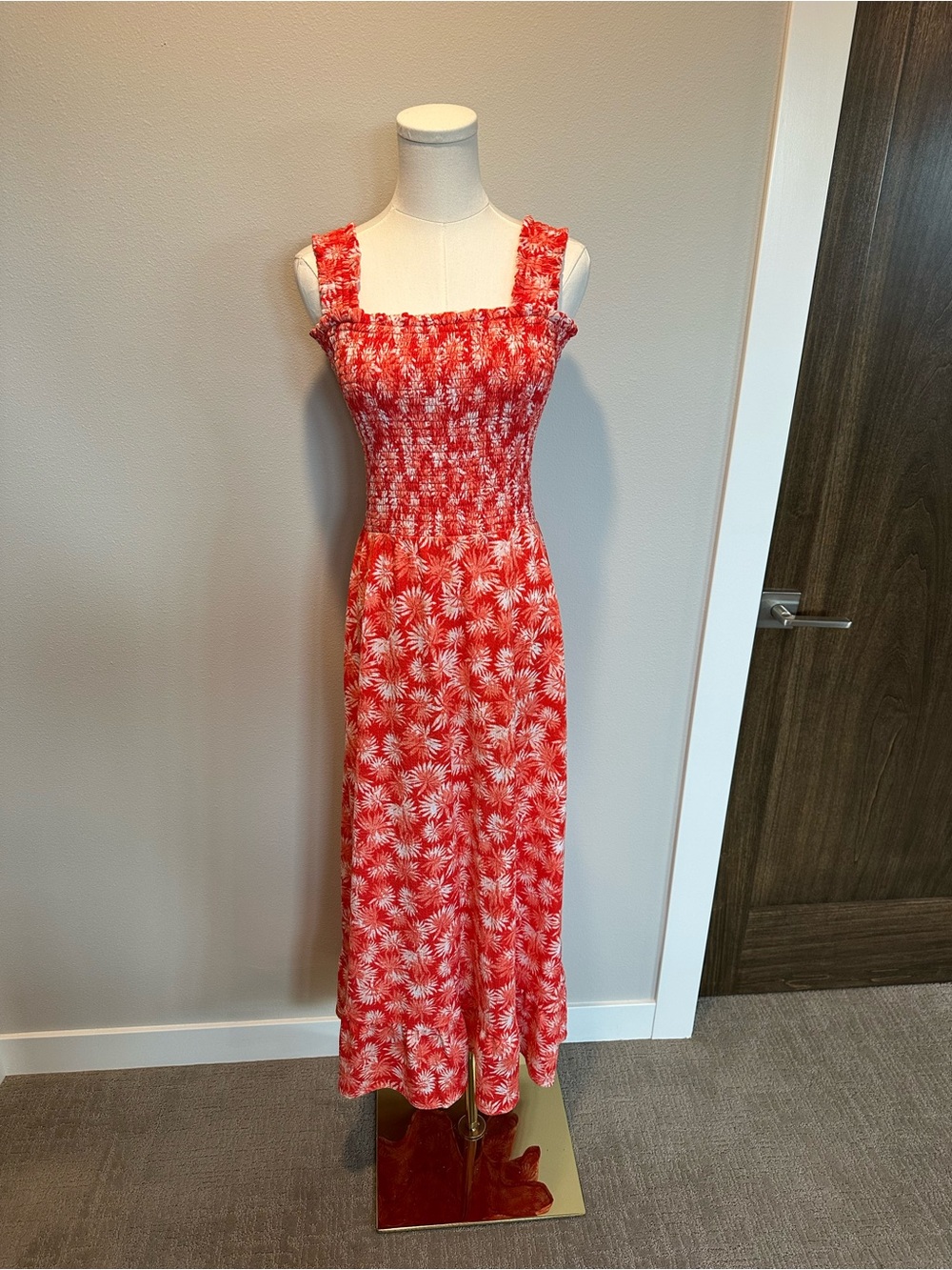 Michael Kors Coral and White Smocked Maxi Dress